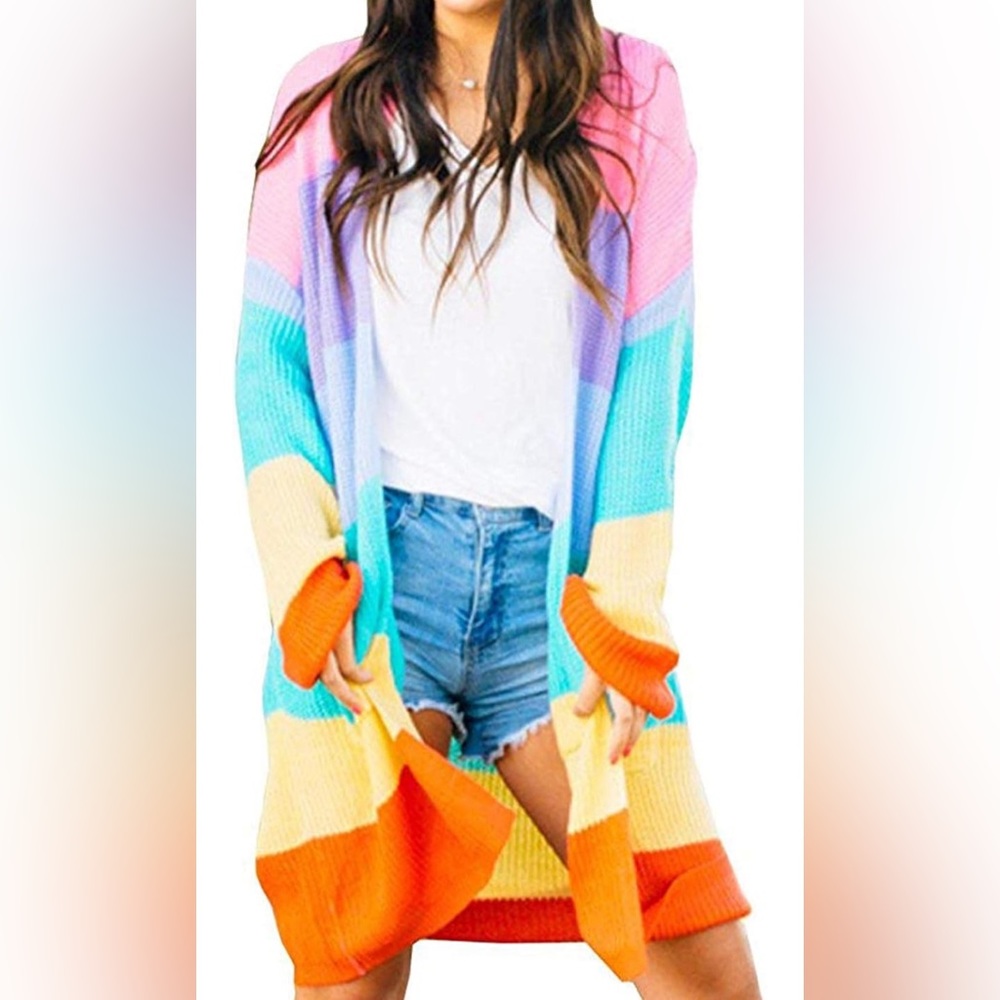 Rainbow Striped Color Block Open Loose Knit Lightweight Long Sweater - MEDIUM